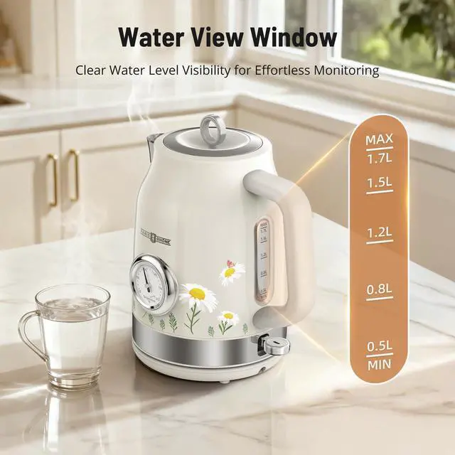 Alt view image 6 of 7 - Retro Stainless Steel Electric Kettle, 1.7L Cordless Hot Water Tea Kettle with Thermometer, 1500W Fast Heating, LED Indicator, Auto Shut-Off & Boil Dry Protection