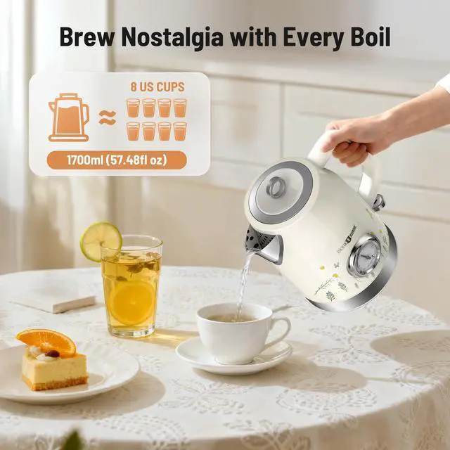 Alt view image 7 of 7 - Retro Stainless Steel Electric Kettle, 1.7L Cordless Hot Water Tea Kettle with Thermometer, 1500W Fast Heating, LED Indicator, Auto Shut-Off & Boil Dry Protection
