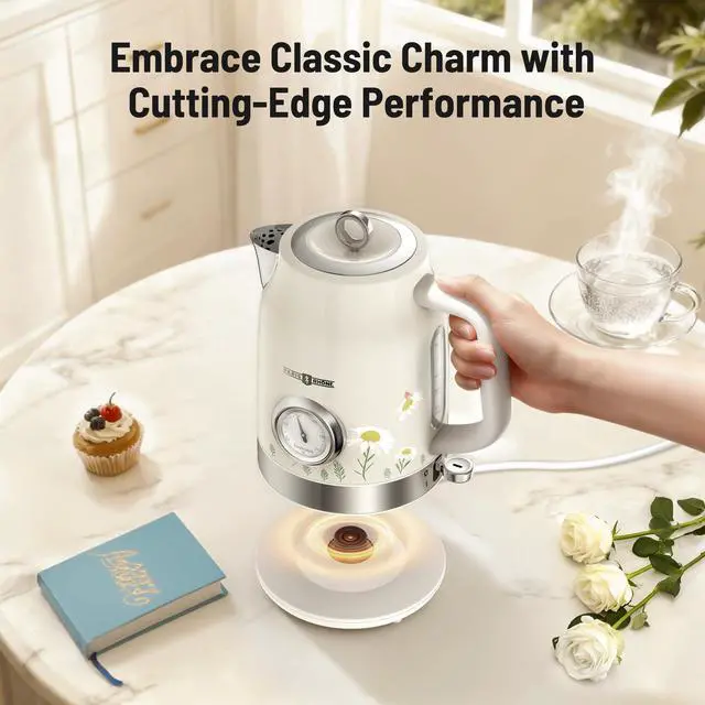 Alt view image 5 of 7 - Retro Stainless Steel Electric Kettle, 1.7L Cordless Hot Water Tea Kettle with Thermometer, 1500W Fast Heating, LED Indicator, Auto Shut-Off & Boil Dry Protection