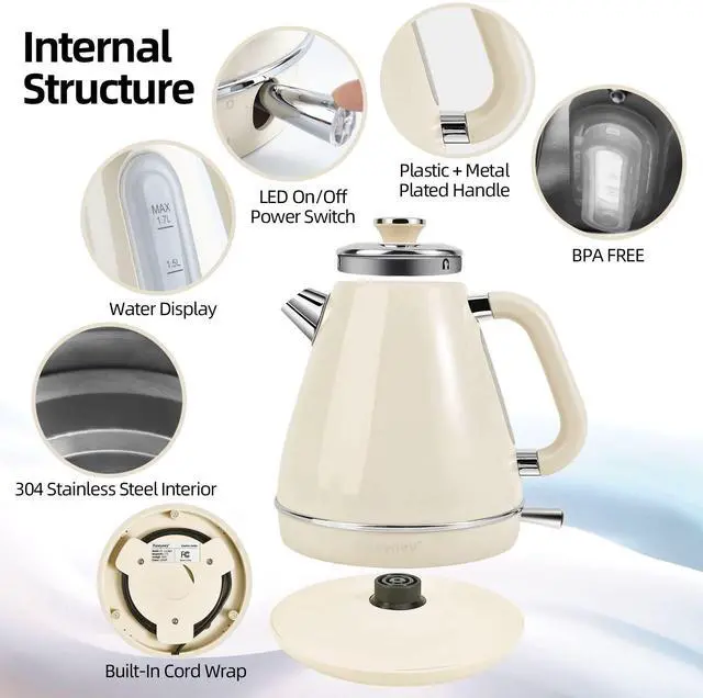 Alt view image 3 of 7 - Electric Kettle, 1.7 Litre Retro Style, Kitchen Countertop Coffee Tea Hot Water Kettle, Double Wall 304 Stainless Steel BPA Free Boiler, Auto Shut-Off and Boil-Dry