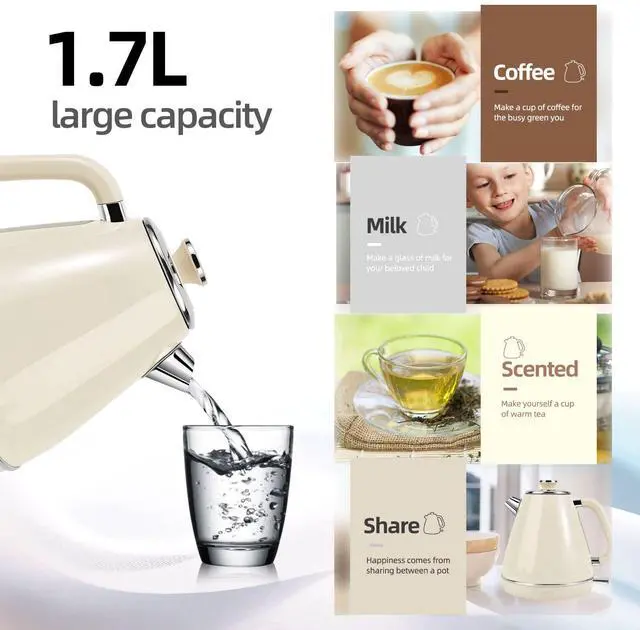Alt view image 5 of 7 - Electric Kettle, 1.7 Litre Retro Style, Kitchen Countertop Coffee Tea Hot Water Kettle, Double Wall 304 Stainless Steel BPA Free Boiler, Auto Shut-Off and Boil-Dry