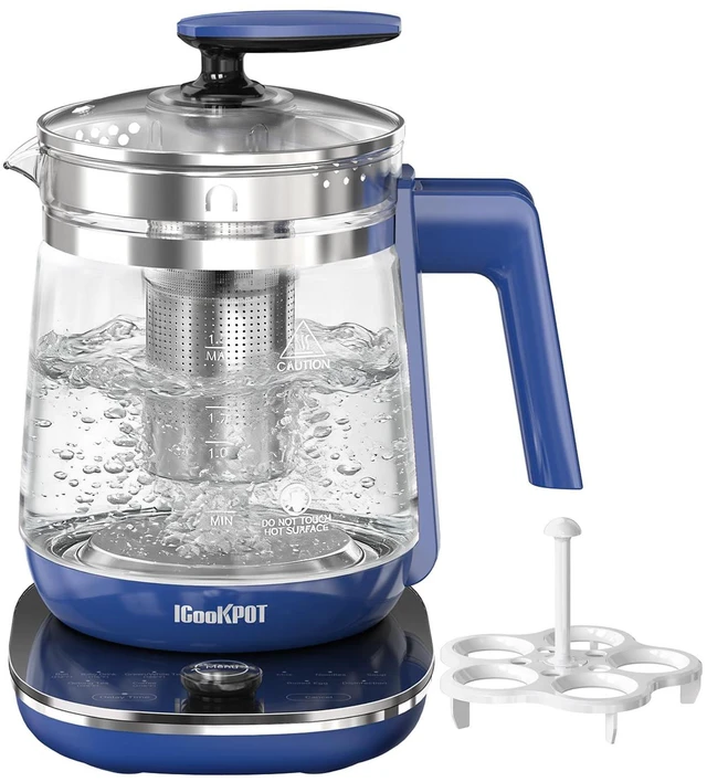 Main image of 1200w Electric Kettle, 1.5L Borosilicate Glass tea kettle, Hot water kettle electric for Coffee or Tea, BPA Free, Auto Shut-Off, Stainless Steel, Fast Boil, Blue