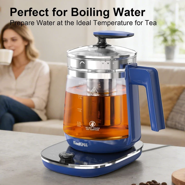 Alt view image 2 of 7 - 1200w Electric Kettle, 1.5L Borosilicate Glass tea kettle, Hot water kettle electric for Coffee or Tea, BPA Free, Auto Shut-Off, Stainless Steel, Fast Boil, Blue