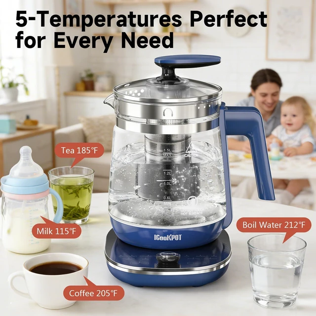 Alt view image 3 of 7 - 1200w Electric Kettle, 1.5L Borosilicate Glass tea kettle, Hot water kettle electric for Coffee or Tea, BPA Free, Auto Shut-Off, Stainless Steel, Fast Boil, Blue