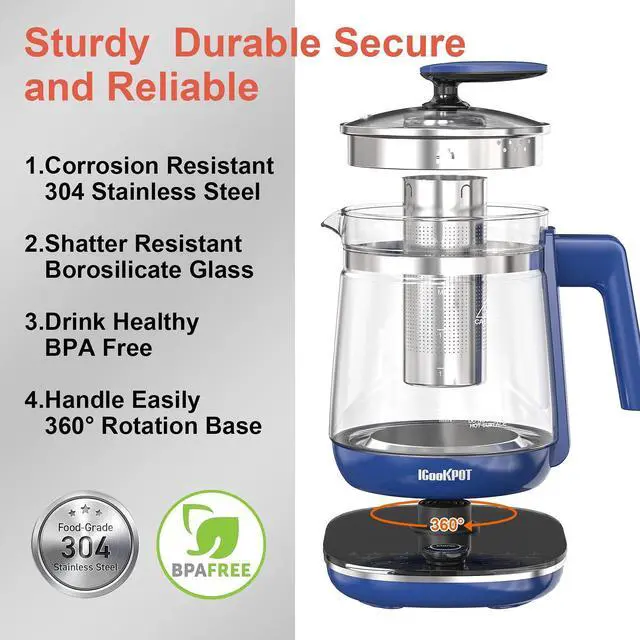 Alt view image 5 of 7 - 1200w Electric Kettle, 1.5L Borosilicate Glass tea kettle, Hot water kettle electric for Coffee or Tea, BPA Free, Auto Shut-Off, Stainless Steel, Fast Boil, Blue
