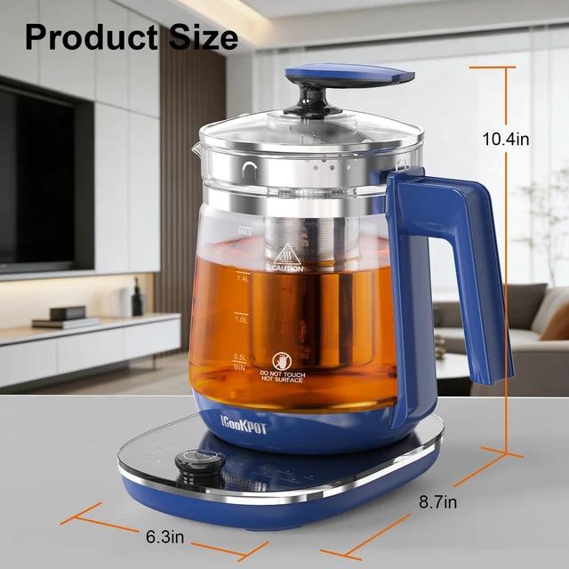 Alt view image 7 of 7 - 1200w Electric Kettle, 1.5L Borosilicate Glass tea kettle, Hot water kettle electric for Coffee or Tea, BPA Free, Auto Shut-Off, Stainless Steel, Fast Boil, Blue