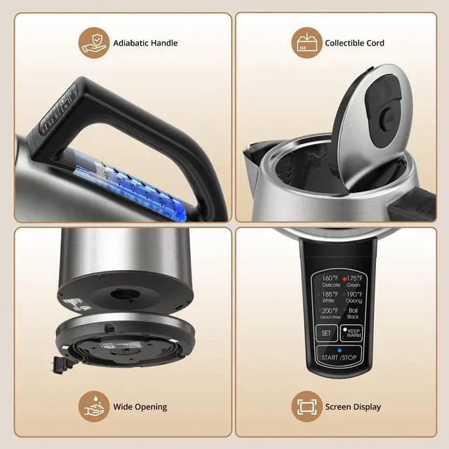 Alt view image 6 of 7 - 1.7L Electric Tea Kettle, 6 Precise Temperature Presets Stainless Steel Electric Kettle Temperature Control,1500W Fast Boiling Hot Water for Oolong & Green Tea with Strix Control