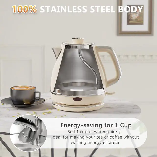 Alt view image 3 of 7 - Electric Tea Kettle, 1500W /1.0L Hot Water Boiler Heater Pot, Retro Small Electric Kettle, 100% Stainless Steel BPA Free Electric Teapot, Auto Shut-Off & Boil-Dry ProtectionBeige