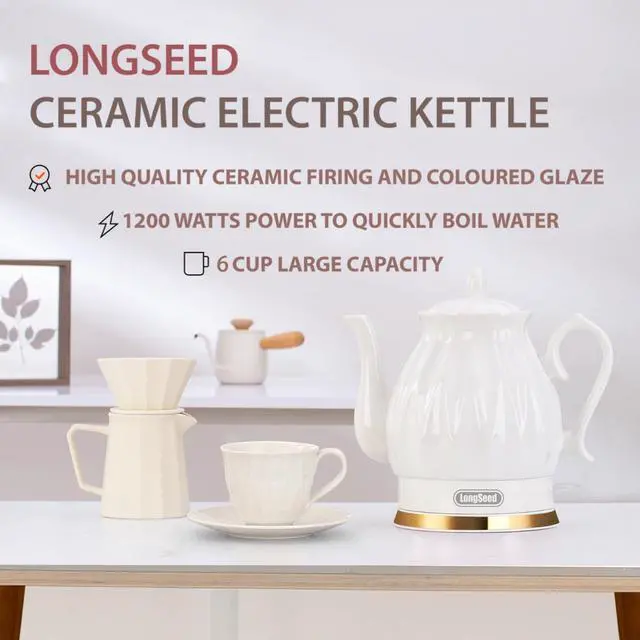 Alt view image 3 of 7 - Ceramic Electric Kettle, 1.5L/1200W Boil Water Quickly and Easily with Boil-Dry Protection Auto Shut Off, Detachable Swivel Base, Diamond Cut Glazed