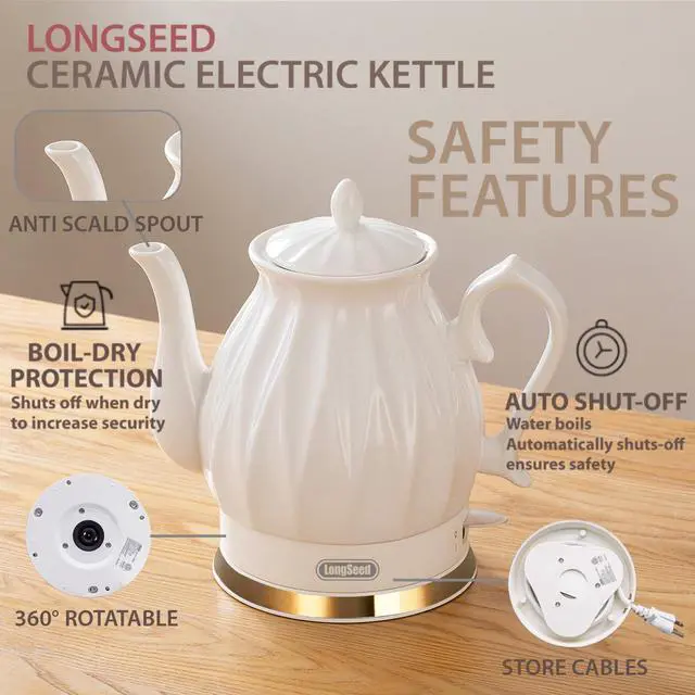 Alt view image 5 of 7 - Ceramic Electric Kettle, 1.5L/1200W Boil Water Quickly and Easily with Boil-Dry Protection Auto Shut Off, Detachable Swivel Base, Diamond Cut Glazed