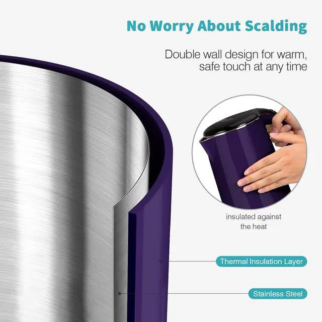 Alt view image 5 of 7 - Original Stainless Steel Double Wall Electric Water Kettle 1.8 Quart with Auto Shut-Off & Boil-Dry Protection, Dark Purple SWK-1701DP/HB-3227B