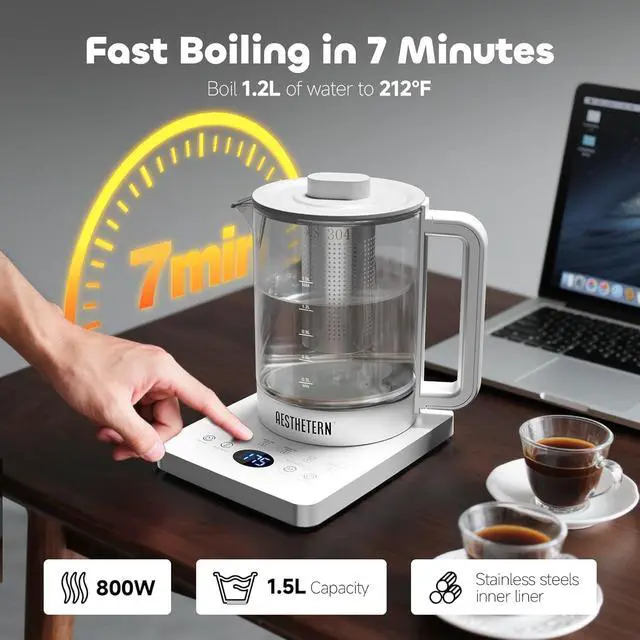 Alt view image 3 of 7 - Electric Tea Kettle with Infuser, 1.5L Glass Water Boiler with Temperature Control, 24H Keep Warm & Auto Shut-Off, White