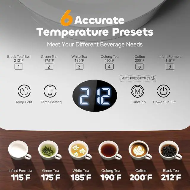 Alt view image 2 of 7 - Electric Tea Kettle with Infuser, 1.5L Glass Water Boiler with Temperature Control, 24H Keep Warm & Auto Shut-Off, White