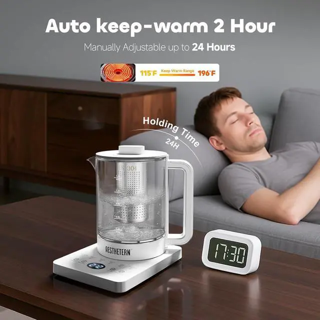 Alt view image 4 of 7 - Electric Tea Kettle with Infuser, 1.5L Glass Water Boiler with Temperature Control, 24H Keep Warm & Auto Shut-Off, White