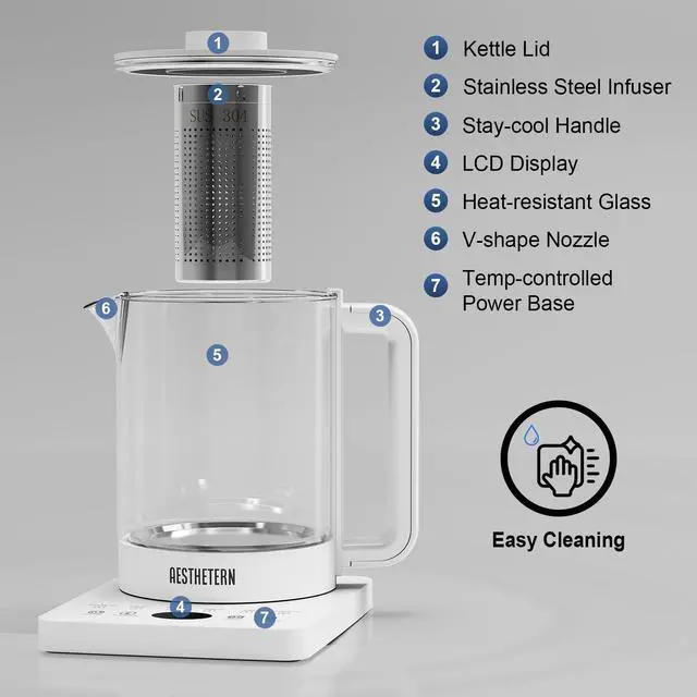 Alt view image 7 of 7 - Electric Tea Kettle with Infuser, 1.5L Glass Water Boiler with Temperature Control, 24H Keep Warm & Auto Shut-Off, White