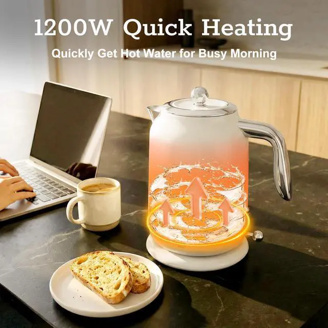 Alt view image 6 of 7 - ® Electric Kettle with Thermometer, 1.7L / 57 oz White Electric Tea Kettle, 1200W Hot Water Kettle with Auto Shutoff, Boil-Dry Protection, 360-degree Cordless Base for Coffee and Tea