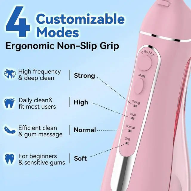 Alt view image 2 of 7 - Cordless Portable Water Flosser with 300ML Tank: Rechargeable Oral Irrigator with 5 Tips for Travel, Braces Care and Sensitive Gums, IPX7 Waterproof Teeth Cleaning Device(Pink)