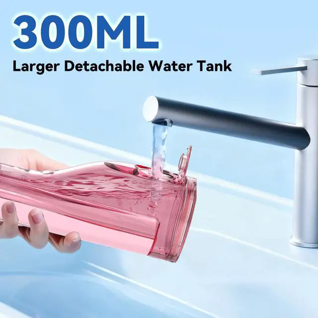 Alt view image 3 of 7 - Cordless Portable Water Flosser with 300ML Tank: Rechargeable Oral Irrigator with 5 Tips for Travel, Braces Care and Sensitive Gums, IPX7 Waterproof Teeth Cleaning Device(Pink)