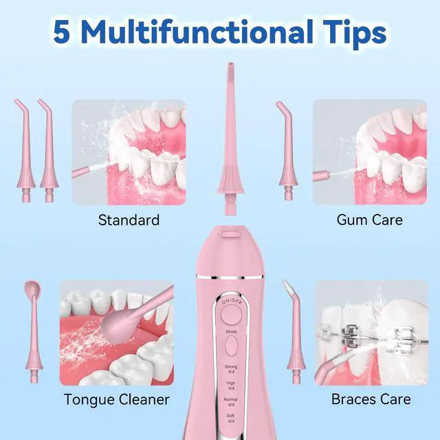Alt view image 4 of 7 - Cordless Portable Water Flosser with 300ML Tank: Rechargeable Oral Irrigator with 5 Tips for Travel, Braces Care and Sensitive Gums, IPX7 Waterproof Teeth Cleaning Device(Pink)