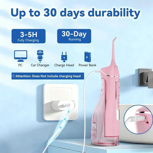 Alt view image 5 of 7 - Cordless Portable Water Flosser with 300ML Tank: Rechargeable Oral Irrigator with 5 Tips for Travel, Braces Care and Sensitive Gums, IPX7 Waterproof Teeth Cleaning Device(Pink)