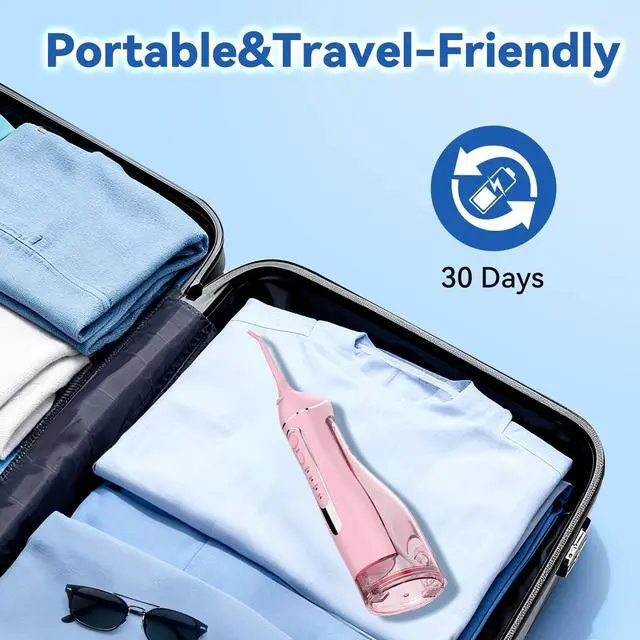 Alt view image 7 of 7 - Cordless Portable Water Flosser with 300ML Tank: Rechargeable Oral Irrigator with 5 Tips for Travel, Braces Care and Sensitive Gums, IPX7 Waterproof Teeth Cleaning Device(Pink)