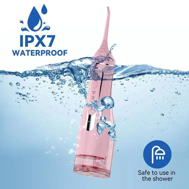 Alt view image 6 of 7 - Cordless Portable Water Flosser with 300ML Tank: Rechargeable Oral Irrigator with 5 Tips for Travel, Braces Care and Sensitive Gums, IPX7 Waterproof Teeth Cleaning Device(Pink)