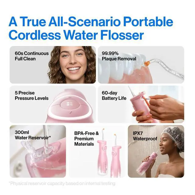 Alt view image 2 of 7 - C30 Cordless Water Flosser, 300ml Tank, 5 Modes, IPX7, Pink