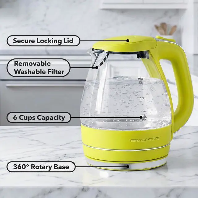 Alt view image 3 of 7 - 1.5L Glass Electric Kettle Water Boiler, Green KG83G | 1100W Fast Boiling, Borosilicate Glass, BPA-Free, Blue LED, Auto Shut-Off, Boil-Dry Protection, Removable Filter, 360° Base