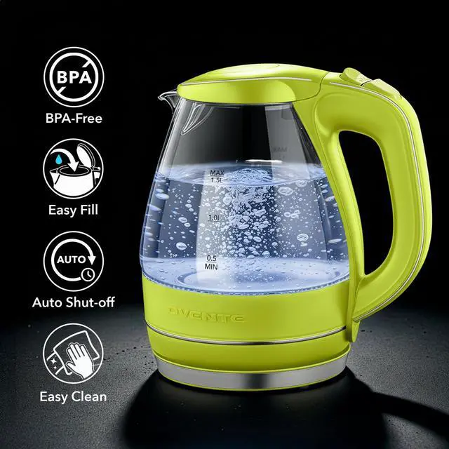 Alt view image 4 of 7 - 1.5L Glass Electric Kettle Water Boiler, Green KG83G | 1100W Fast Boiling, Borosilicate Glass, BPA-Free, Blue LED, Auto Shut-Off, Boil-Dry Protection, Removable Filter, 360° Base
