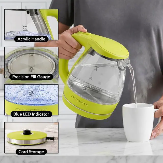 Alt view image 5 of 7 - 1.5L Glass Electric Kettle Water Boiler, Green KG83G | 1100W Fast Boiling, Borosilicate Glass, BPA-Free, Blue LED, Auto Shut-Off, Boil-Dry Protection, Removable Filter, 360° Base