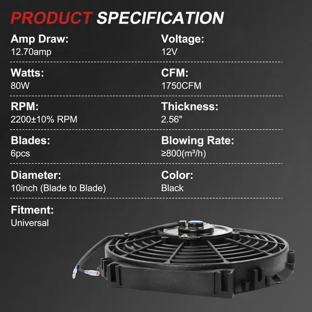 Alt view image 2 of 7 - New Universal Electric Radiator Slim Cooling Fan Push Pull 10" Inch 12v 80w 1750CFM