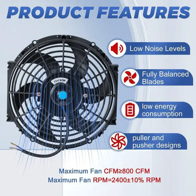 Alt view image 4 of 7 - 10 Inch 10 Black Universal Electric Radiator Slim Fan 12V 80W High Performance Cooling Push Pull w/Mounting Kit 2PCS