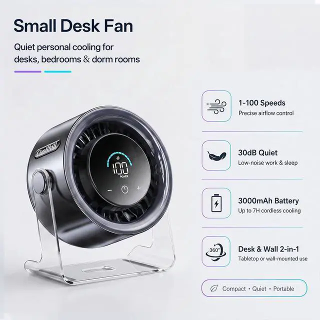 Alt view image 2 of 7 - USB Desk Fan for Bedroom: 100 Speeds Digital Display Quiet Portable Fan with Turbo Airflow, 120° Rotating Small Rechargeable Battery Desktop & Wall-Mounted Fans for Bedroom Home Office (Black)