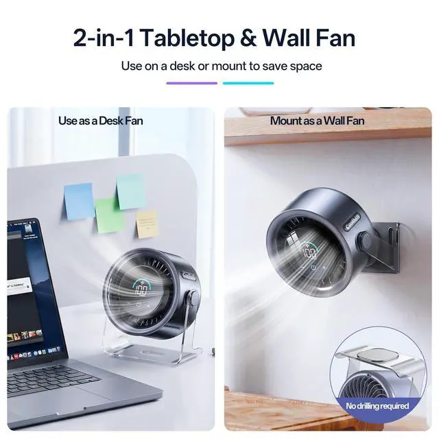 Alt view image 4 of 7 - USB Desk Fan for Bedroom: 100 Speeds Digital Display Quiet Portable Fan with Turbo Airflow, 120° Rotating Small Rechargeable Battery Desktop & Wall-Mounted Fans for Bedroom Home Office (Black)