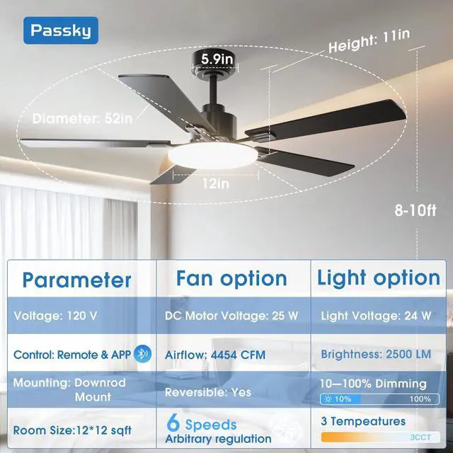 Alt view image 3 of 7 - 52 Inch Black Sleek Ceiling Fans with Lights, Remote Control