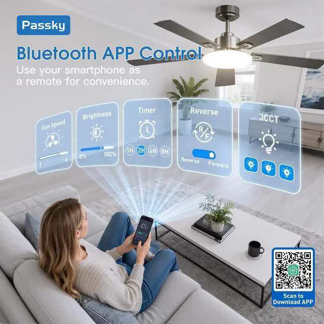 Alt view image 5 of 7 - 52 Inch Black Sleek Ceiling Fans with Lights, Remote Control