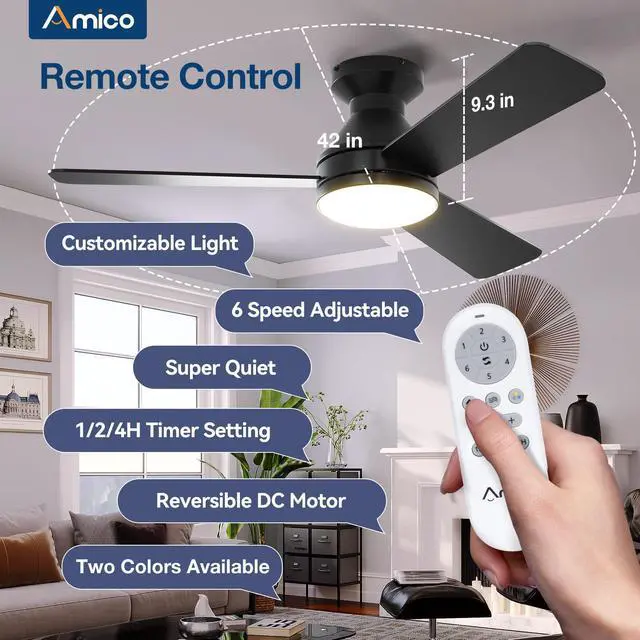 Alt view image 2 of 7 - 42 Inch Black Low Profile Ceiling Fans with Lights and Remote