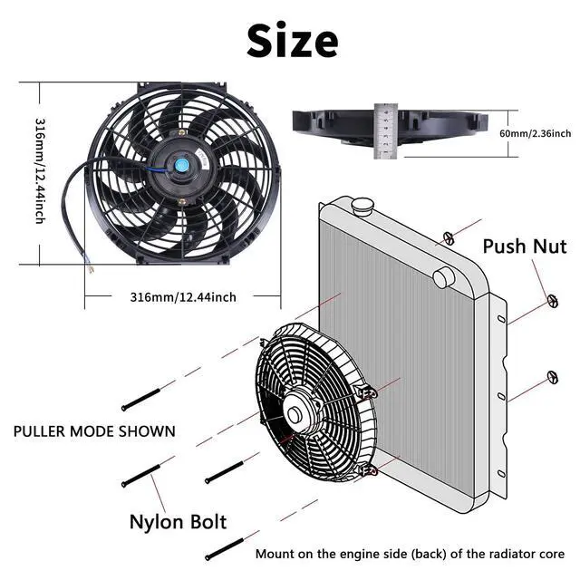 Alt view image 2 of 7 - 12 Inch Universal Slim Fan Push Pull Electric Radiator 12V 80W High Performance Cooling Fan Mount Kit Black 2 Pcs
