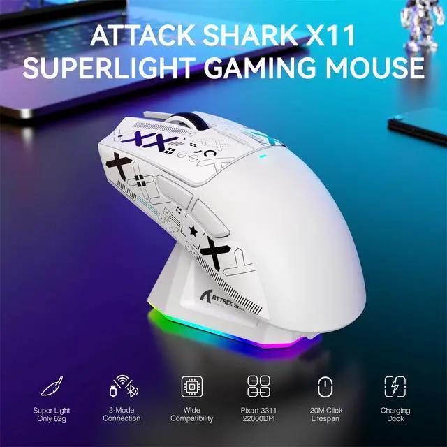 Alt view image 2 of 7 - X11 Wireless Gaming Mouse, PAW3311 Sensor, Lightweight, RGB Charging Dock, 22,000 DPI, Tri-Mode Connectivity, 5 Programmable Buttons, Grip Tape Included - White