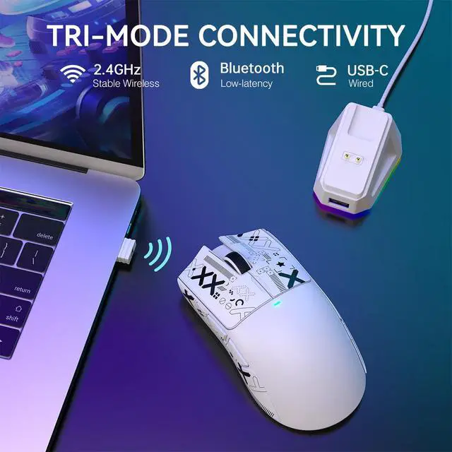 Alt view image 3 of 7 - X11 Wireless Gaming Mouse, PAW3311 Sensor, Lightweight, RGB Charging Dock, 22,000 DPI, Tri-Mode Connectivity, 5 Programmable Buttons, Grip Tape Included - White