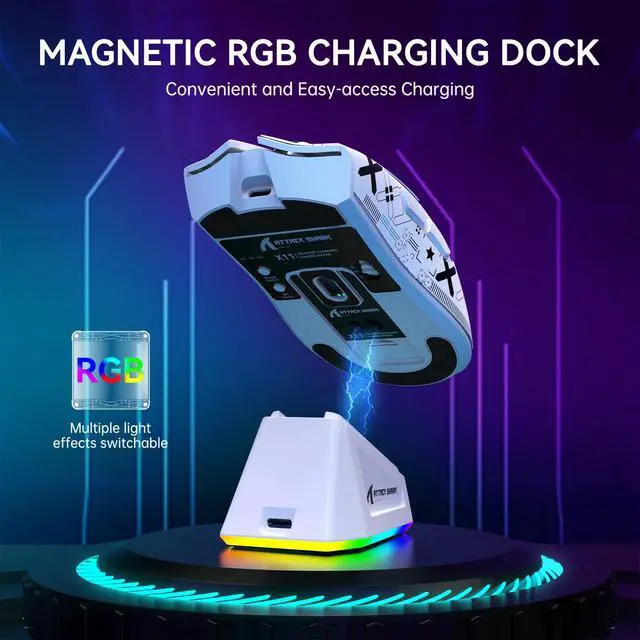 Alt view image 4 of 7 - X11 Wireless Gaming Mouse, PAW3311 Sensor, Lightweight, RGB Charging Dock, 22,000 DPI, Tri-Mode Connectivity, 5 Programmable Buttons, Grip Tape Included - White