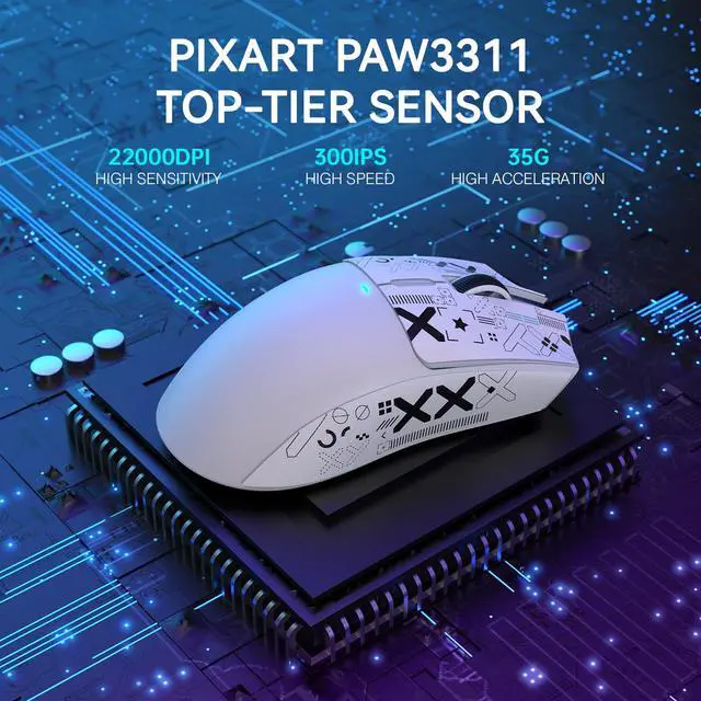 Alt view image 5 of 7 - X11 Wireless Gaming Mouse, PAW3311 Sensor, Lightweight, RGB Charging Dock, 22,000 DPI, Tri-Mode Connectivity, 5 Programmable Buttons, Grip Tape Included - White