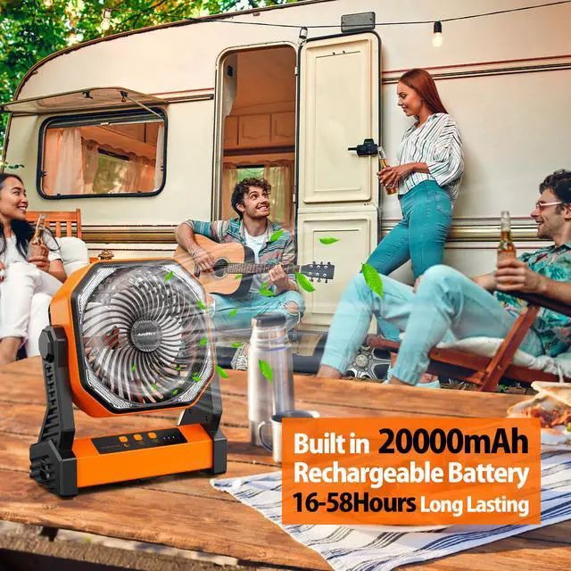 Alt view image 2 of 7 - 20000mAh Battery Powered Camping Fan, 58Hrs Rechargeable Portable Fan, 400LM Light, 360° Hook, Whisper Quiet Battery Operated Fan for Outdoor Car Travel Gear Essentials Power Outages Co-brand AMACOOL
