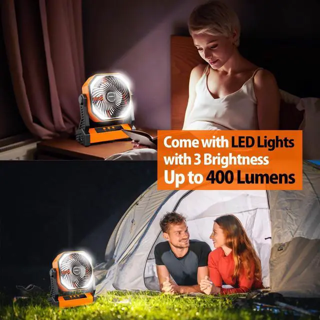 Alt view image 3 of 7 - 20000mAh Battery Powered Camping Fan, 58Hrs Rechargeable Portable Fan, 400LM Light, 360° Hook, Whisper Quiet Battery Operated Fan for Outdoor Car Travel Gear Essentials Power Outages Co-brand AMACOOL