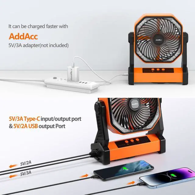 Alt view image 5 of 7 - 20000mAh Battery Powered Camping Fan, 58Hrs Rechargeable Portable Fan, 400LM Light, 360° Hook, Whisper Quiet Battery Operated Fan for Outdoor Car Travel Gear Essentials Power Outages Co-brand AMACOOL