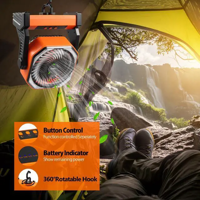 Alt view image 6 of 7 - 20000mAh Battery Powered Camping Fan, 58Hrs Rechargeable Portable Fan, 400LM Light, 360° Hook, Whisper Quiet Battery Operated Fan for Outdoor Car Travel Gear Essentials Power Outages Co-brand AMACOOL