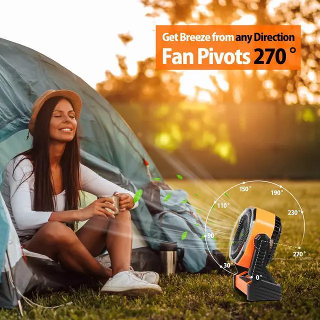 Alt view image 4 of 7 - 20000mAh Battery Powered Camping Fan, 58Hrs Rechargeable Portable Fan, 400LM Light, 360° Hook, Whisper Quiet Battery Operated Fan for Outdoor Car Travel Gear Essentials Power Outages Co-brand AMACOOL