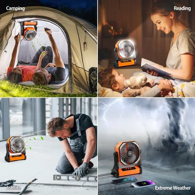 Alt view image 7 of 7 - 20000mAh Battery Powered Camping Fan, 58Hrs Rechargeable Portable Fan, 400LM Light, 360° Hook, Whisper Quiet Battery Operated Fan for Outdoor Car Travel Gear Essentials Power Outages Co-brand AMACOOL