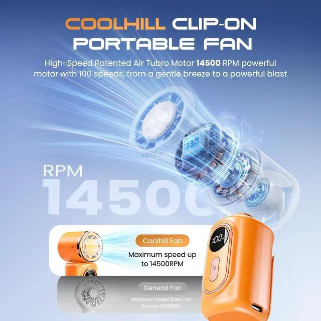 Alt view image 2 of 7 - Portable Clip-On Mini Fan Handheld Turbo Fan 3000mA 14500 RPM