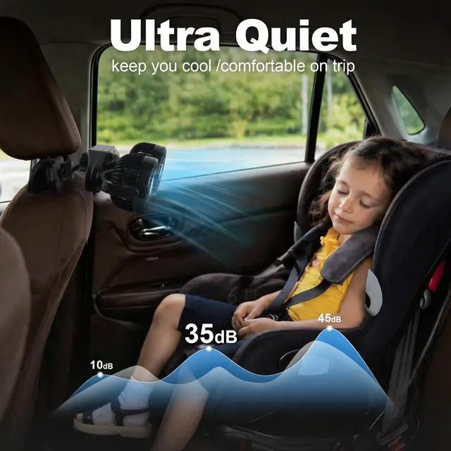 Alt view image 2 of 7 - 6000mAh Rechargeable Dual Car Fan for Backseat, 3-Speed Separate Controlled